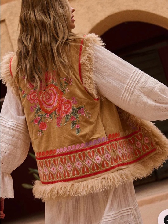 Spell Jackets & Blazers - Spell Tan Floral Embroidered Faux Fur Trim Vest